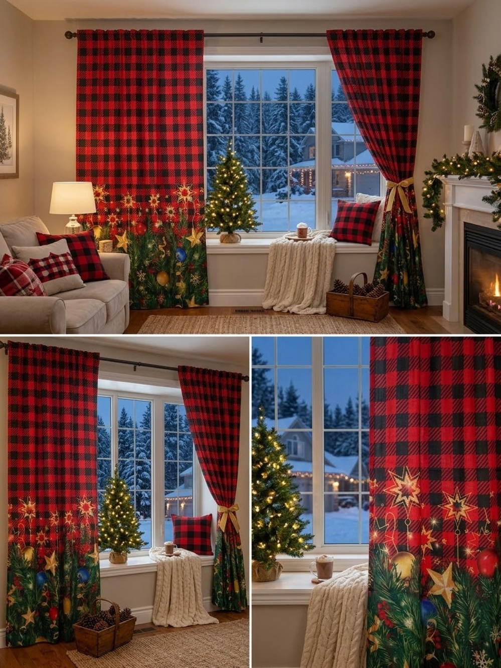 Holiday Buffalo Check Christmas Window Curtains - Red